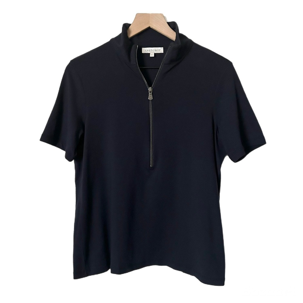 Anatomie Navy Blue Pima Cotton Modal Quarter Zip Short Sleeve Top Size Large